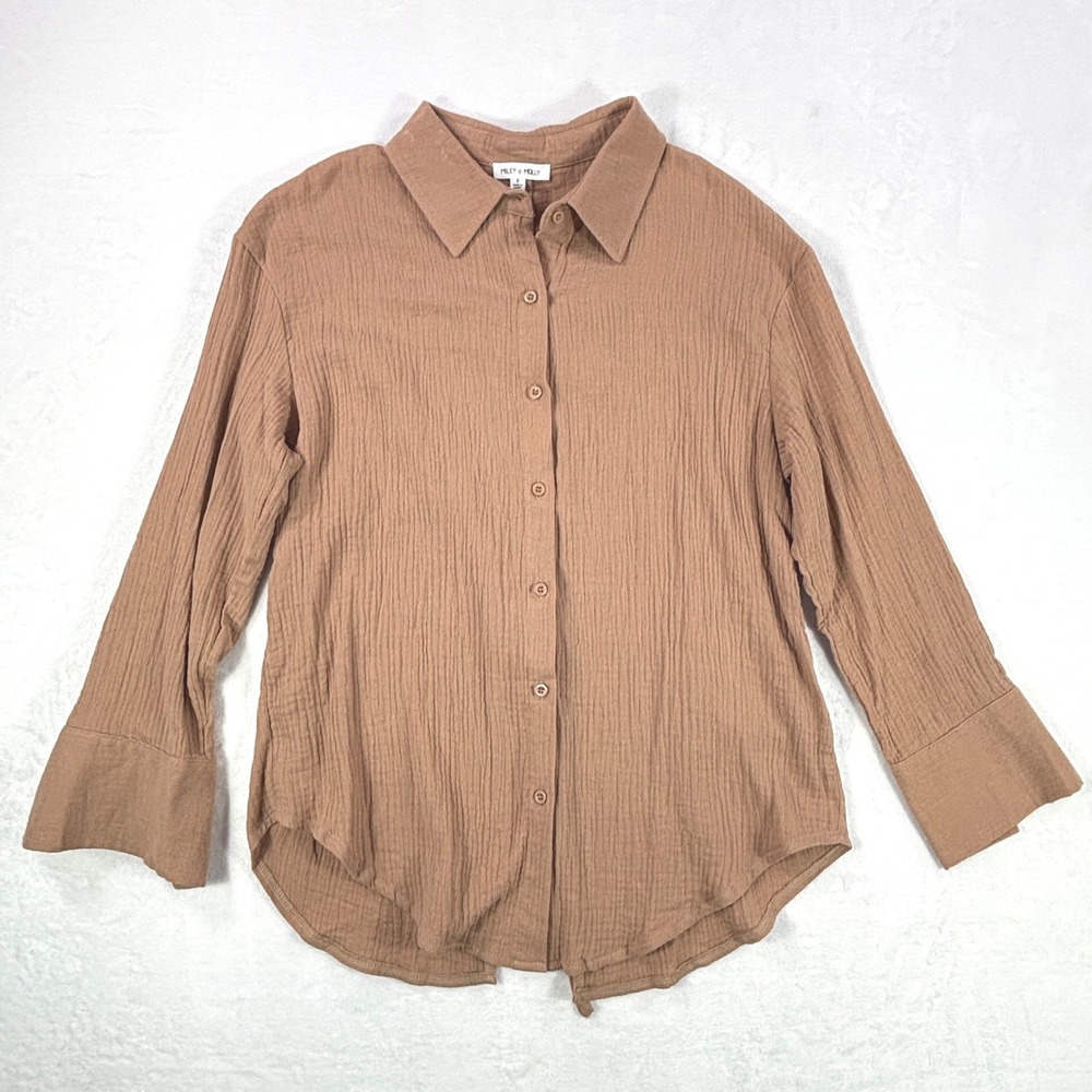 Miley + Molly Terracotta Crinkle Gauze Open Tie Back Button Down Shirt Small